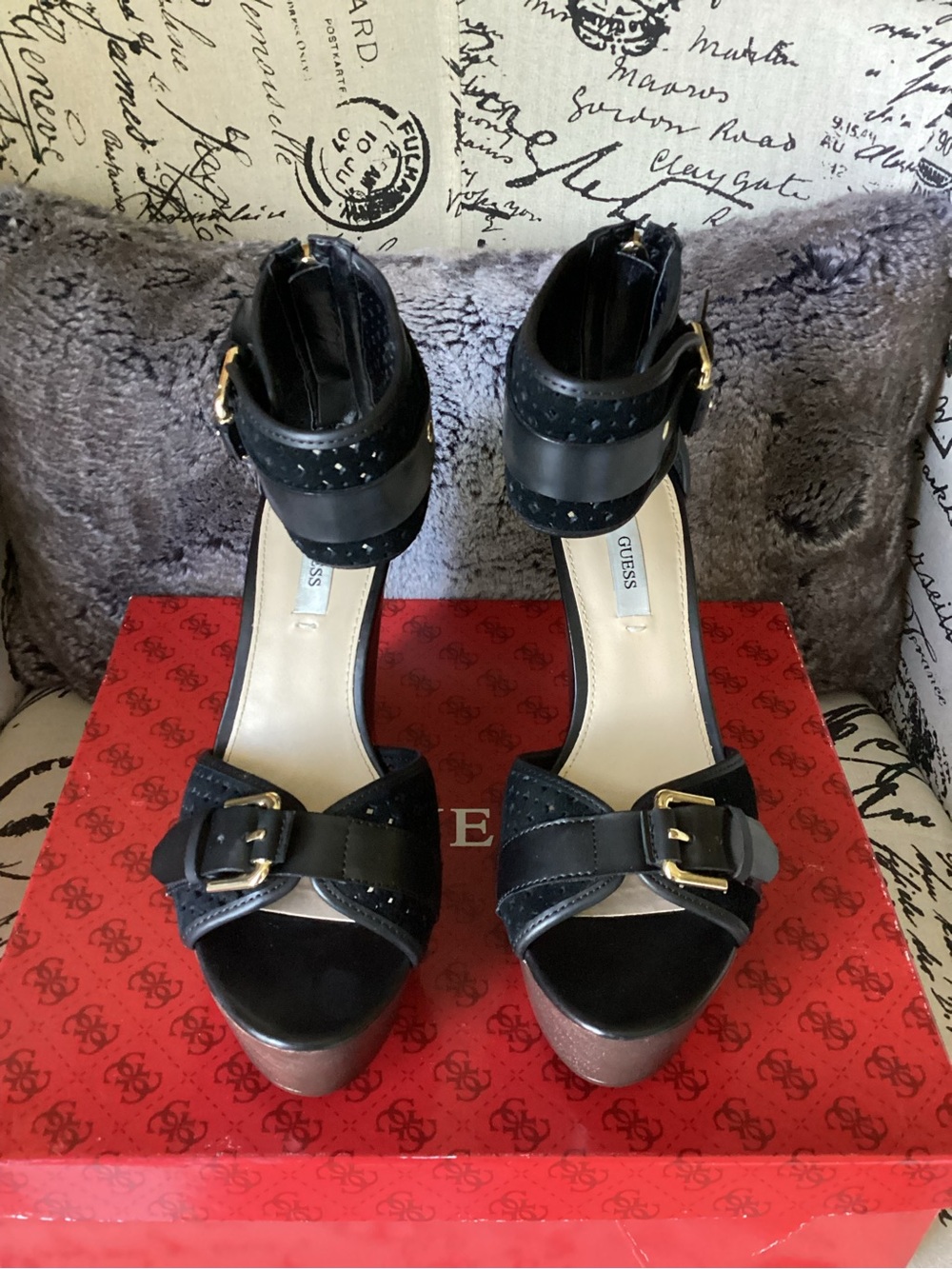 Guess Black Platform Ankle-Strap Sandals with Gold Buckles